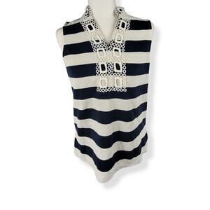 Charter Club Striped Embroidered Top Petite Medium